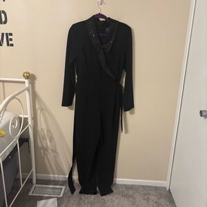 Adrianna Papell Sequin Collar Crepe Tuxedo Jumpsuit